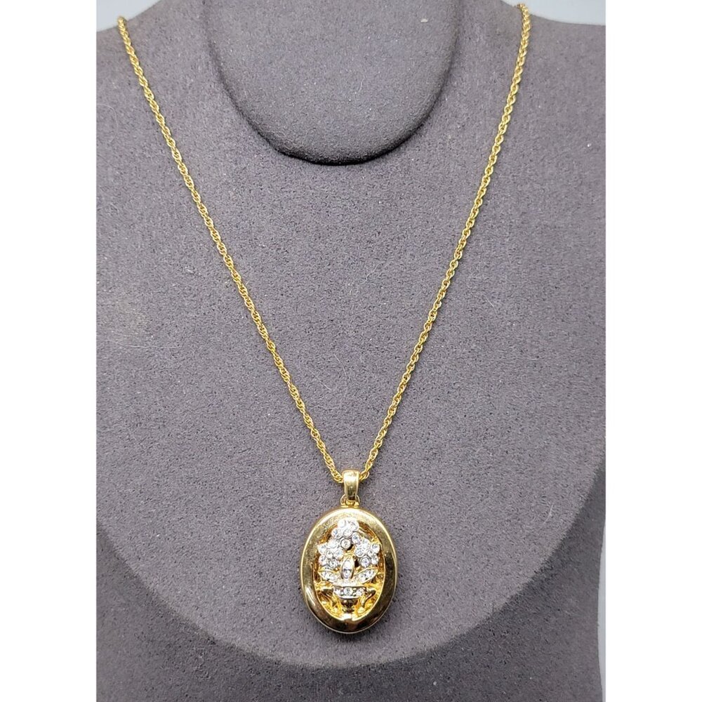 14kgp Crystal Double Locket Pendant Necklace Floral Vase Design Gold Plated 18"